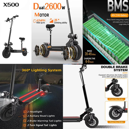 Electric scooter features including dual motor, battery pack, lighting system, and brake system.