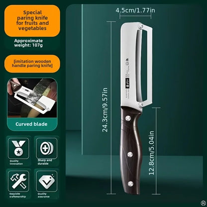 Paring knife with measurements and features on a green background