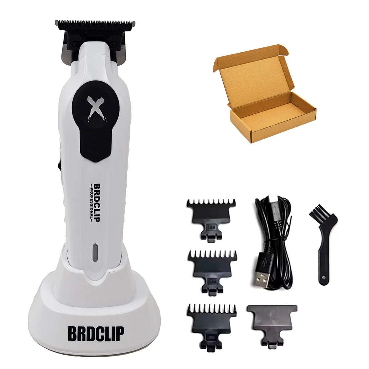 Hair trimmer set with attachments and packaging on a white background