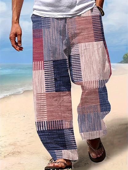 2025 Summer New Men's Casual Pants 3D Retro Shabby Print Beach Pants 100% Polyester Fiber Lightweight Stretch Cord Sweatpants