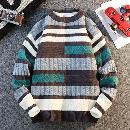 Autumn and Winter Color Block Fashion Sweater Sweater Men's Round Neck Long Sleeve Pullover Top