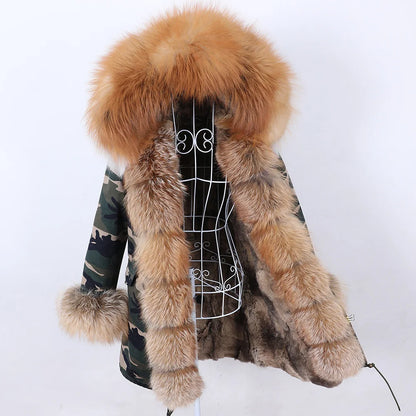MAOMAOKONG 2023 Abnehmbarer Echtfuchs Pelzkragen Mäntel Damen Winterjacke Kapuze Kaninchenfellfutter Lange Parkas Damenbekleidung
