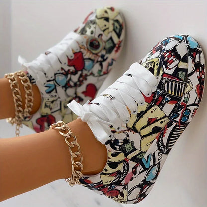 Women's Graffiti Print Sneakers Fashion Lace-up Low-top Platform Sneakers Casual Skateboard Shoes Sneakers New Vulcanized Shoes