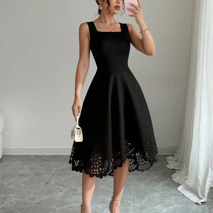 Women's Sleeveless Laser Cut Lace Hem Casual Dress