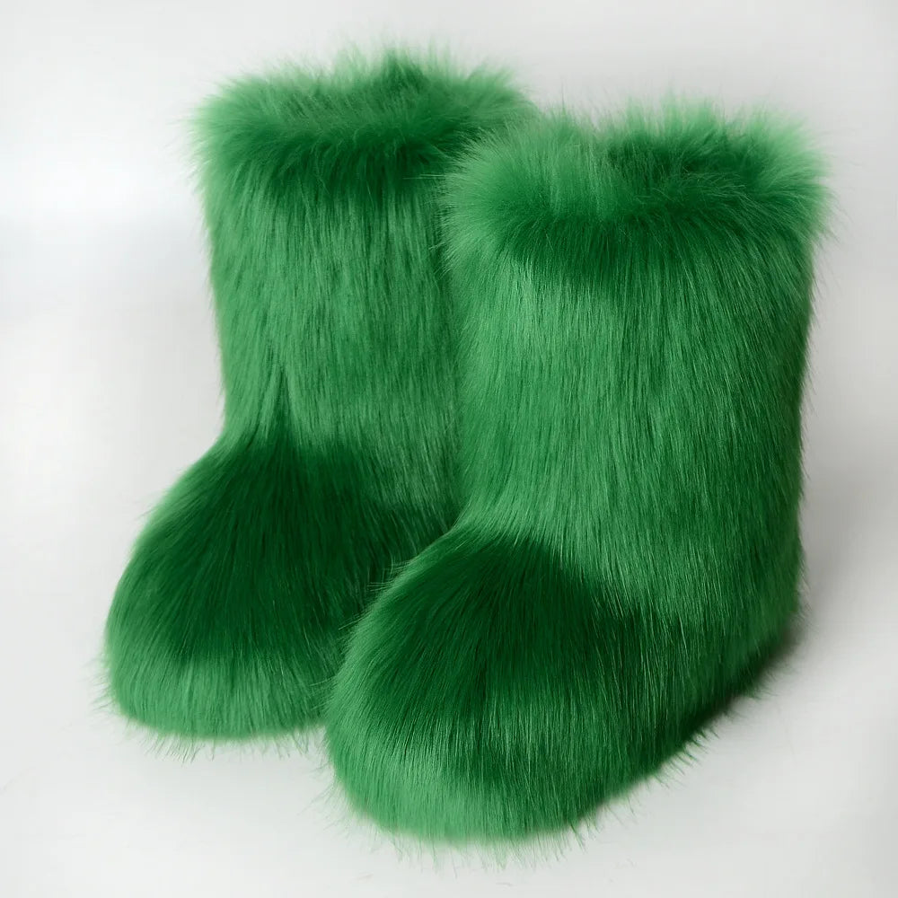 Women's Winter Snow Boots Outdoor Luxury Furry Faux Fox Fur Boots Woman Plush Warm Platform Shoes New Fashion Bottes Big Size 46