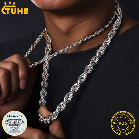 Silver rope chain necklace being held by a person, with TUHE branding and silver purity stamp.