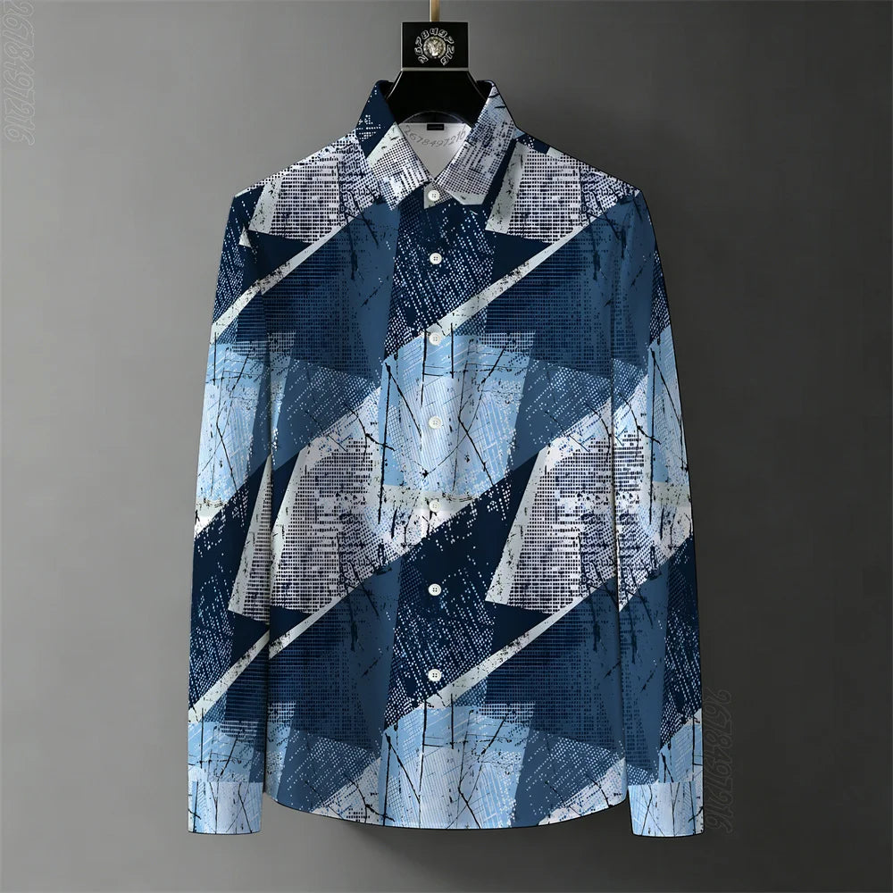 Blue and white patterned shirt on a dark gray background
