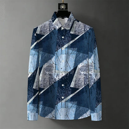 Blue and white patterned shirt on a dark gray background