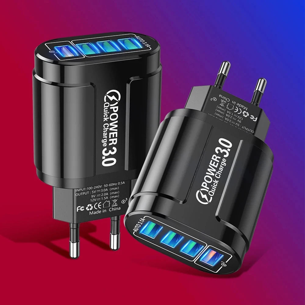 48W QC3.0 Fast Charger 4-Port USB EU Travel Adapter