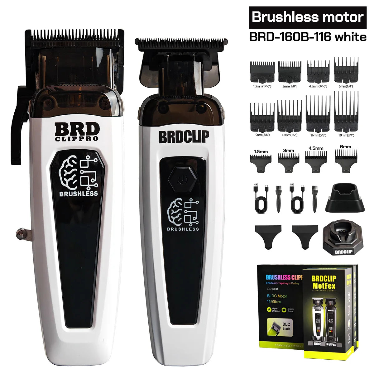 Hair trimmer set with attachments and packaging on a white background