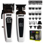 Hair trimmer set with attachments and packaging on a white background