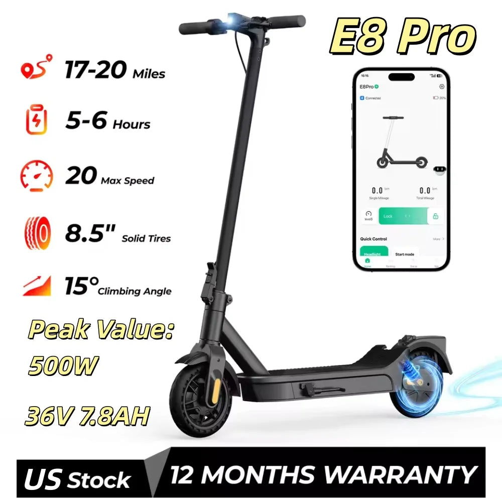 Electric scooter with specifications and smartphone app interface on a white background