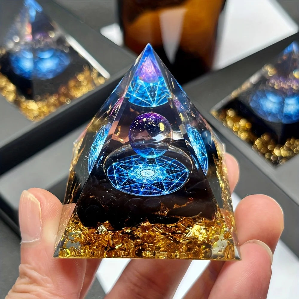 Lapis Lazuli Ball & Pyramid Crystal - Golden Base Decor