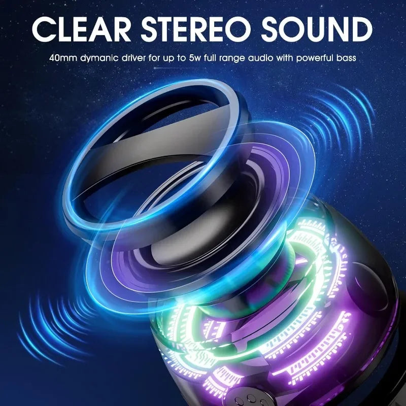 Close-up of a speaker driver with colorful lighting effects on a dark background, highlighting clear stereo sound and dynamic driver technology.