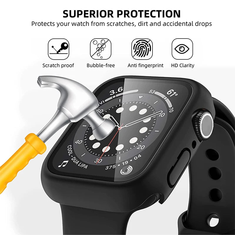 Displayschutzfolie aus gehärtetem Glas+Abdeckung für Apple Watch Zubehör 45mm 41mm 44mm 40mm 42mm Displayschutzfolie Apple Watch Hülle Serie 9 4 5 6 SE 7 8
