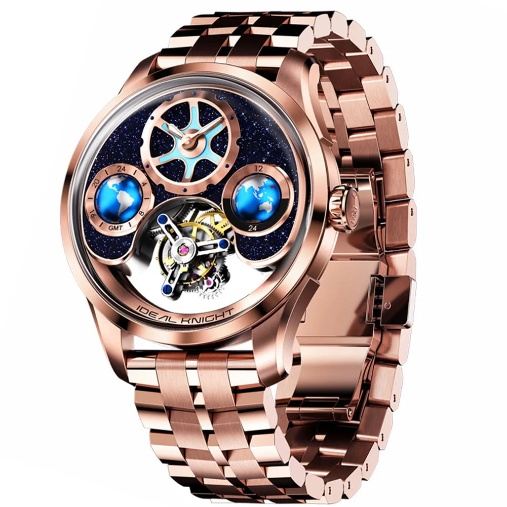 IDEAL KNIGH Watch Advanced Tourbillon Automatic Mechanical Watch Waterproof Luminous Dual Region Time