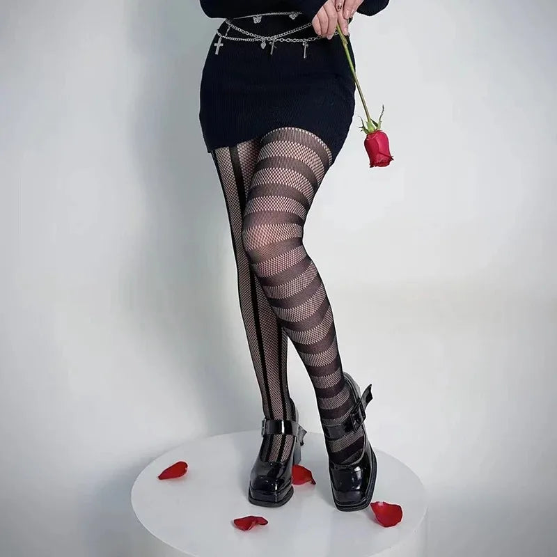 Stripe Asymmetric Tights Women's Pantyhose High Elasticity Lace Hollow Fishnet Sexy Stockings Classic Ladies Gothic Pantyhose