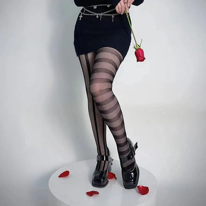 Stripe Asymmetric Tights Women's Pantyhose High Elasticity Lace Hollow Fishnet Sexy Stockings Classic Ladies Gothic Pantyhose