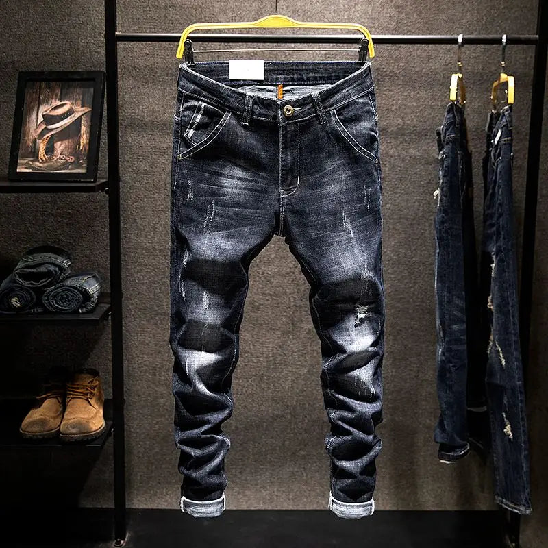 American Elastic Straight Jeans Men Ripped Worn-out Slim-fit Cotton Men's Clothing