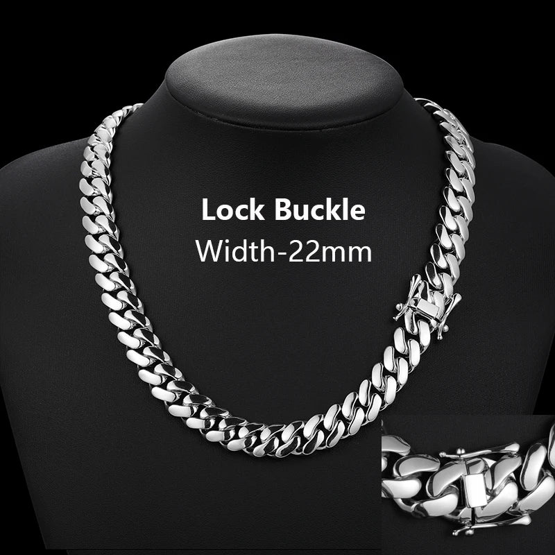 Silver chain necklace with lock buckle on a black mannequin, showing width 22mm.
