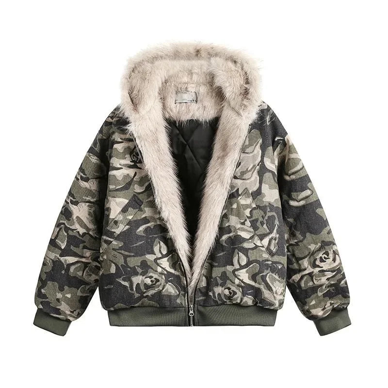 Y2K Cotton jacket with fur collar eagle embroidered and tie-dyeed winter men's design outdoor jacket thick and comfortable