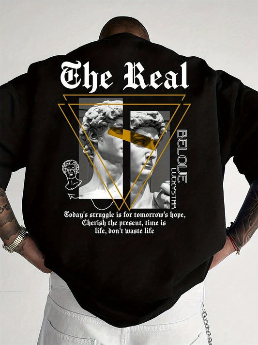 Men's Summer 100% Cotton Fashionable Casual Loose Large Size Unique Portrait Printed Round Neck Short Sleeve T-shirt Top