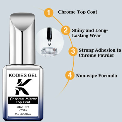 KODIES GEL Chrome Top Coat Nail Powder Finish UV Gel Nail Polish 15ML Super Shine Topcoat No Wipe Semi Permanent DIY Nails Art