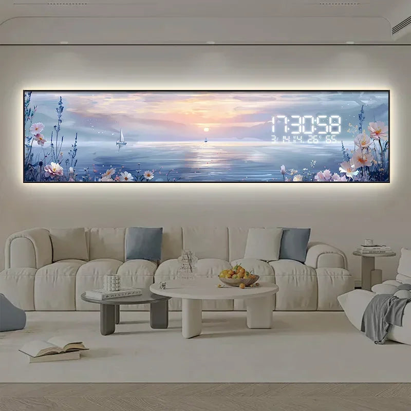 Modern living room with a large digital clock displaying a scenic wallpaper.