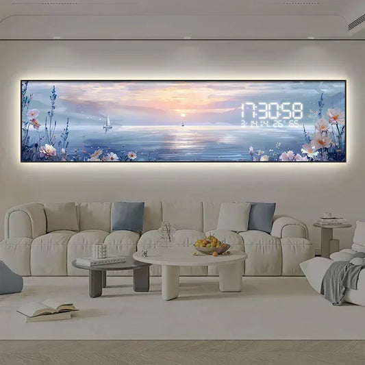 Modern living room with a large digital clock displaying a scenic wallpaper.