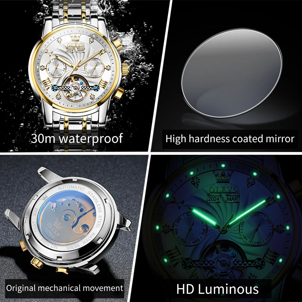 OLEVS Luxuriöse automatische mechanische Uhren für Herren, Skelett-Unruh-Kalender-Woche, Business-Herrenuhr, ausgehöhlte Herrenuhren