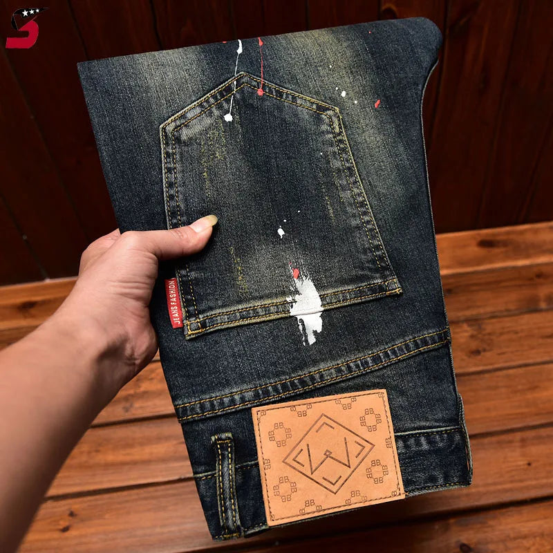 Men's Slim Straight Retro Patchwork Denim Jeans