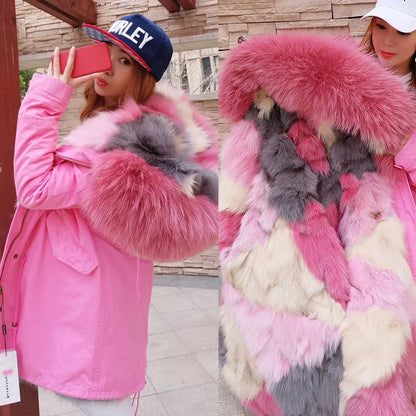 MAOMAOKONG Brand Long Winter Jacket Women Outwear Thick Parkas Natural Real Fox Fur Collar Coat Hooded Pink Female Clothing