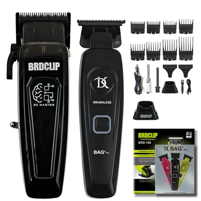 Hair trimmer set with attachments and packaging on a white background