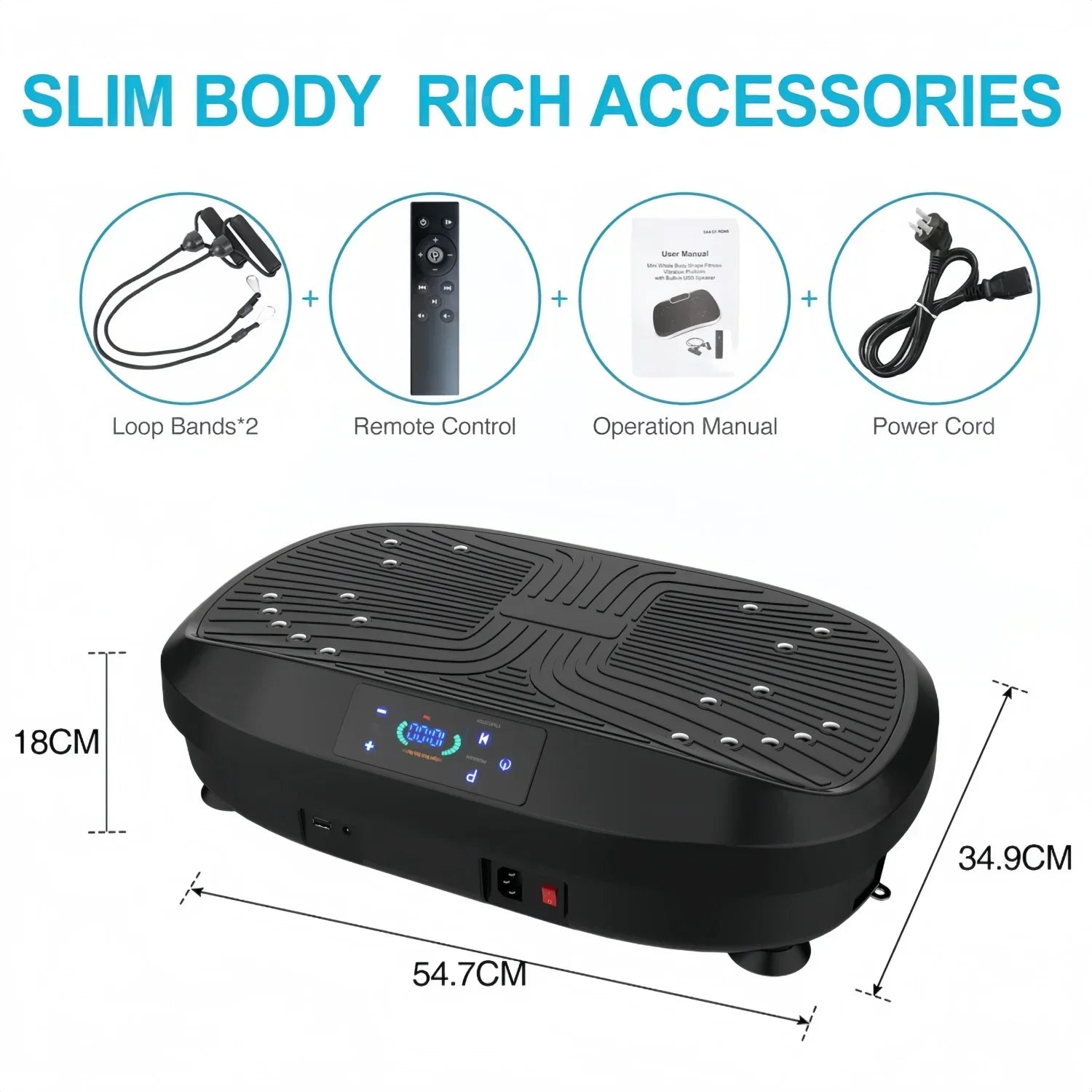 Black vibration plate with accessories on a white background