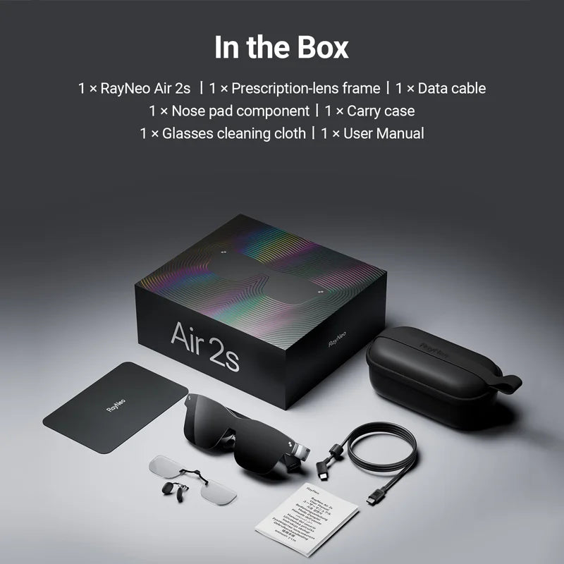 RayNeo Air 2s packaging with accessories on a dark background