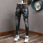 Fashion Streetwear Herren Jeans Retro Schwarz Blau Elastisch Slim Fit Ripped Jeans Herren Spleiß Designer Stickerei Hip Hop Denim Hose