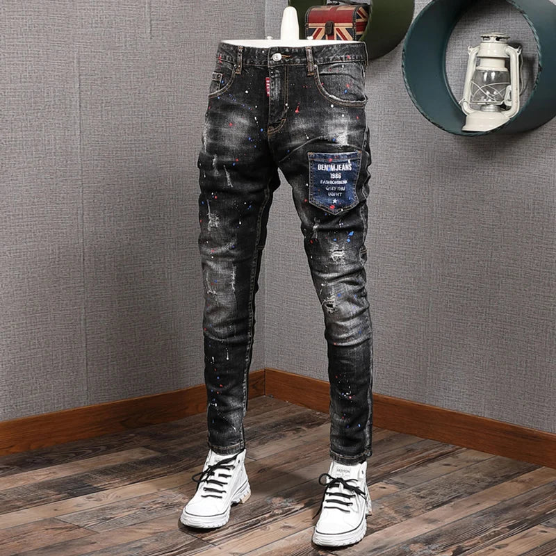 Fashion Streetwear Herren Jeans Retro Schwarz Blau Elastisch Slim Fit Ripped Jeans Herren Spleiß Designer Stickerei Hip Hop Denim Hose