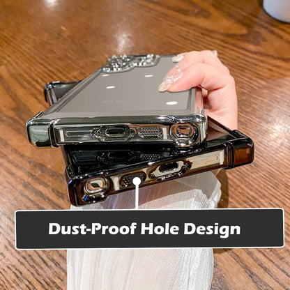 Phone case with dust-proof hole design held by a hand on a wooden surface