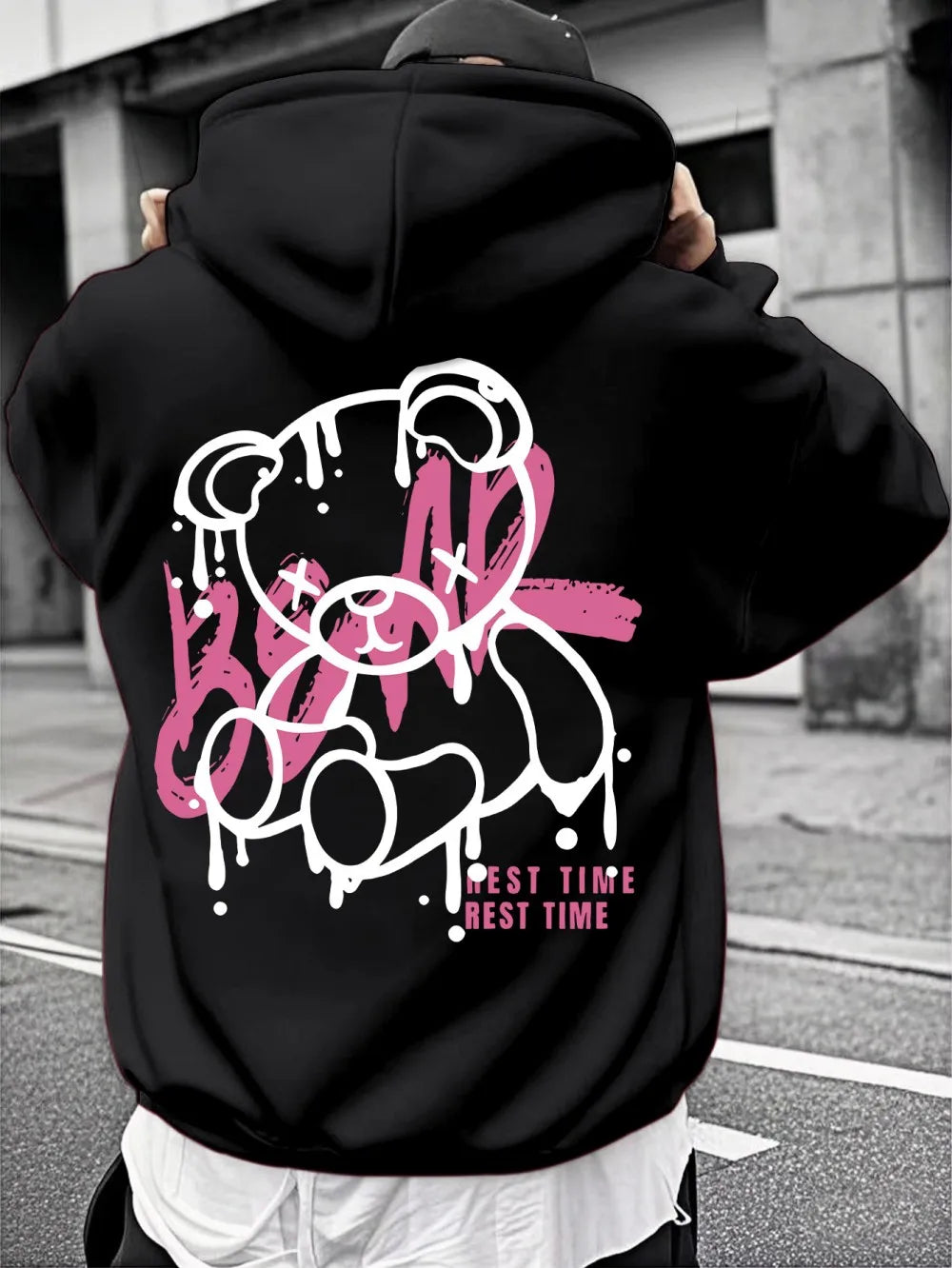 Fashionable men's autumn personalized teddy bear print soft and comfortable hooded sweatshirt outdoor street style clothing