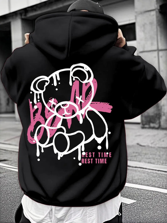 Fashionable men's autumn personalized teddy bear print soft and comfortable hooded sweatshirt outdoor street style clothing - Teglex -
