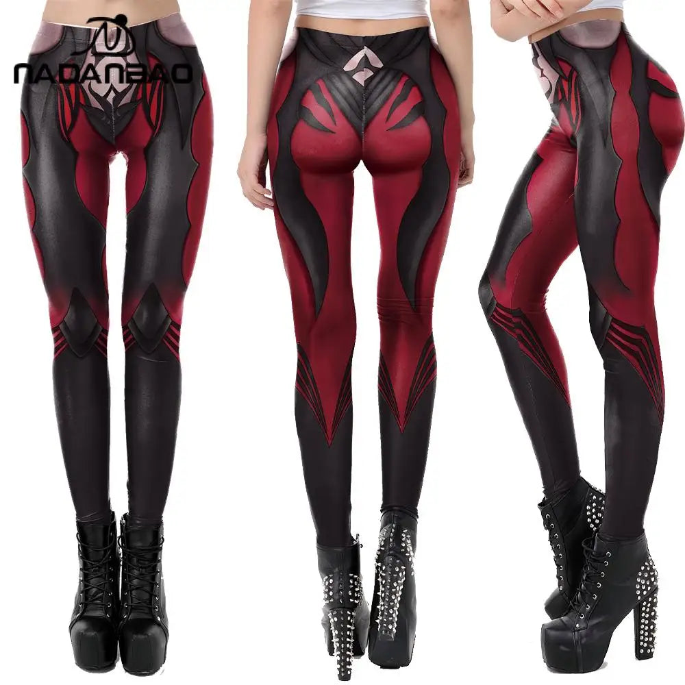 Black and red patterned leggings worn by a person on a white background with brand logo.