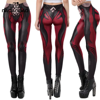 Black and red patterned leggings worn by a person on a white background with brand logo.