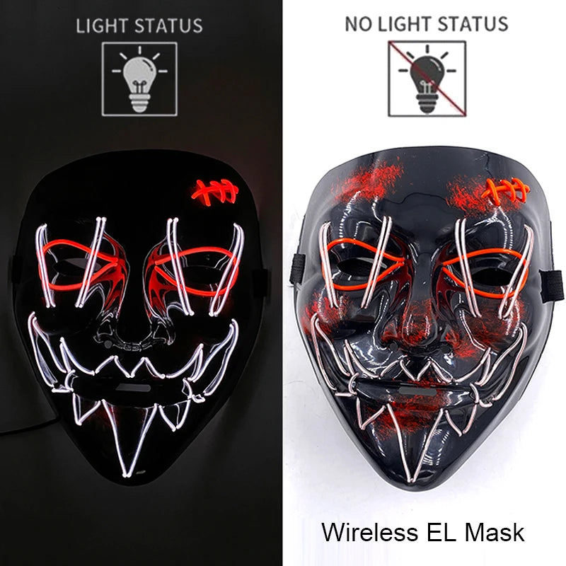 Drahtlose Neon-LED-Reinigungsmaske, im Dunkeln leuchtende Cosplay-Horrormaske, Halloween-Maskerade-Partymasken, leuchtende, lustige Verkleidung