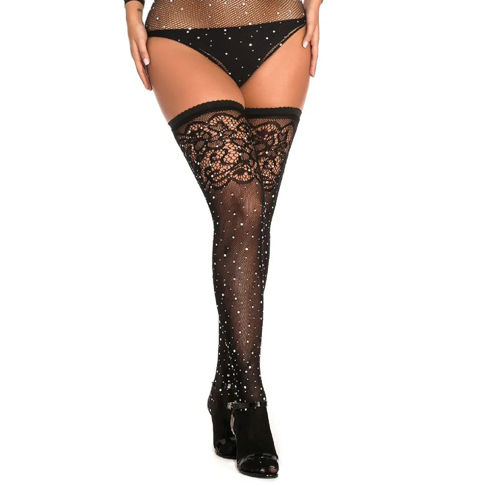 Lace Trimmed Floral Embroidered Fishnet over Knee Sexy Non-Slip Silicone Edge Long Tube Socks Women Sexy Lace Fishnet Stockings#