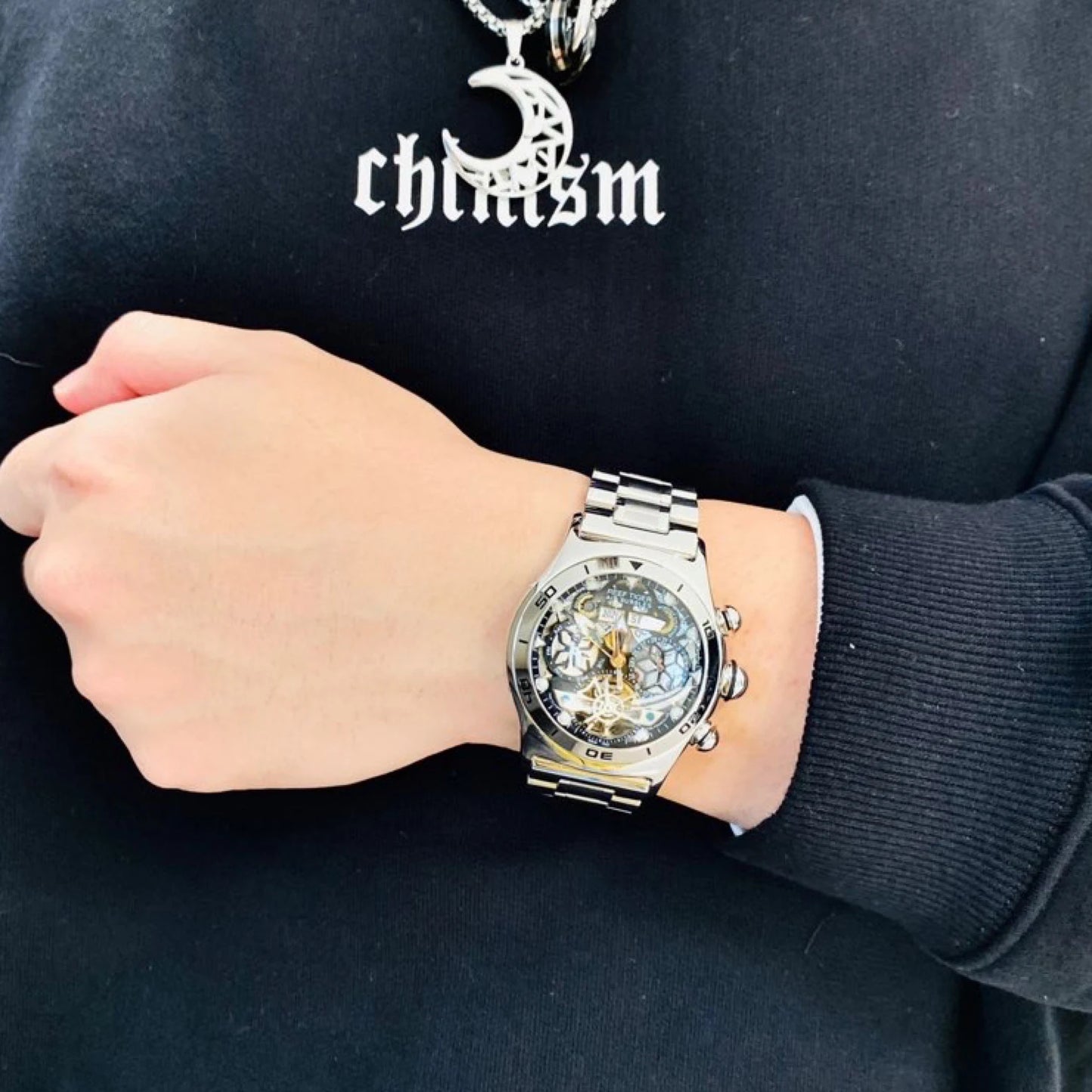 Reef Tiger/RT Sportuhr für Herren Skelett Automatikuhr Leuchtend Jahr Monat Datum Tag Stahlarmband Uhren RGA703