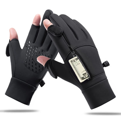 Black gloves with a zipper pocket on a white background