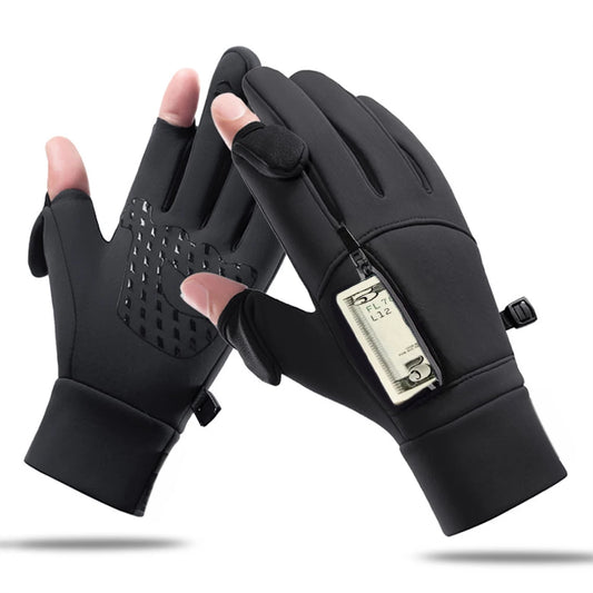 Black gloves with a zipper pocket on a white background