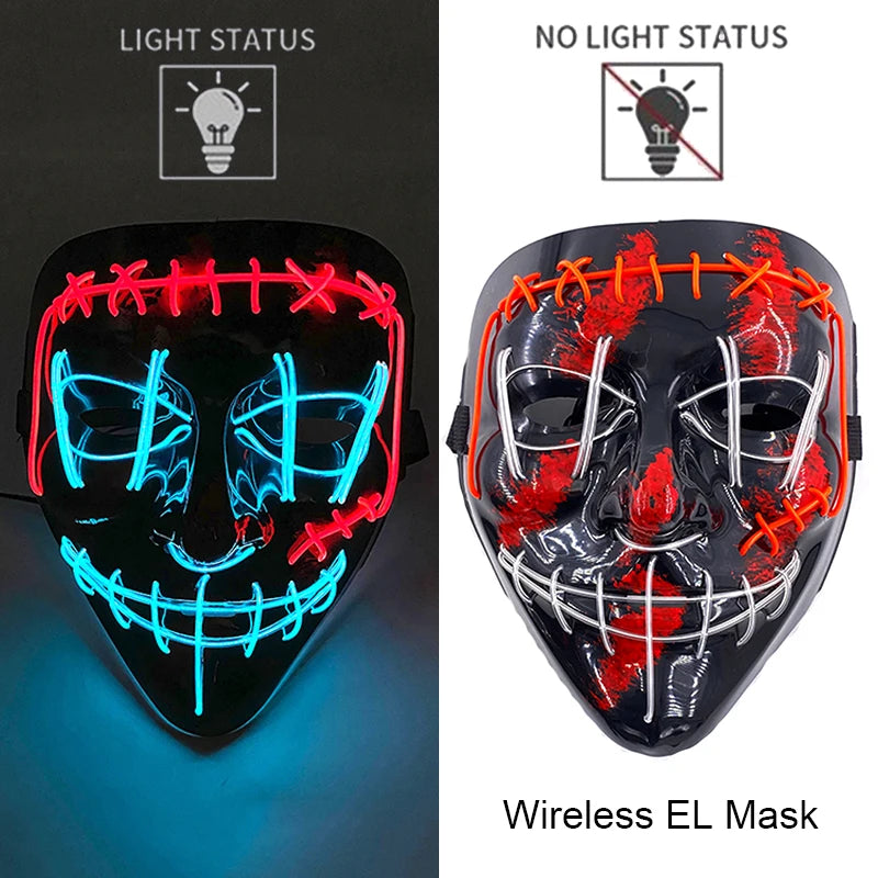 Drahtlose Neon-LED-Reinigungsmaske, im Dunkeln leuchtende Cosplay-Horrormaske, Halloween-Maskerade-Partymasken, leuchtende, lustige Verkleidung