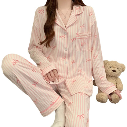 Pink Bow Dtie Design Pajamas for Women Long Sleeve Top & Elastic Waist Pants Pajamas Set Style Casual New Home Wear