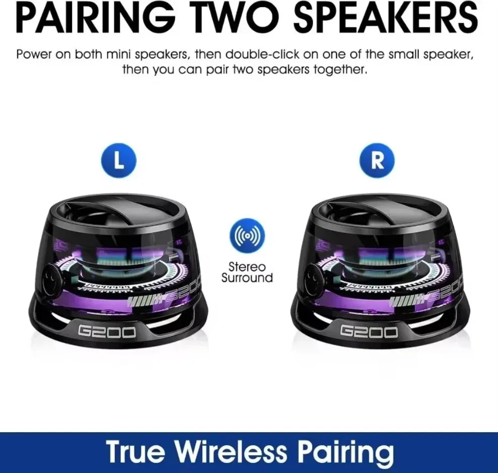 Two G200 speakers with 'L' and 'R' labels, and 'True Wireless Pairing' text on a white background.